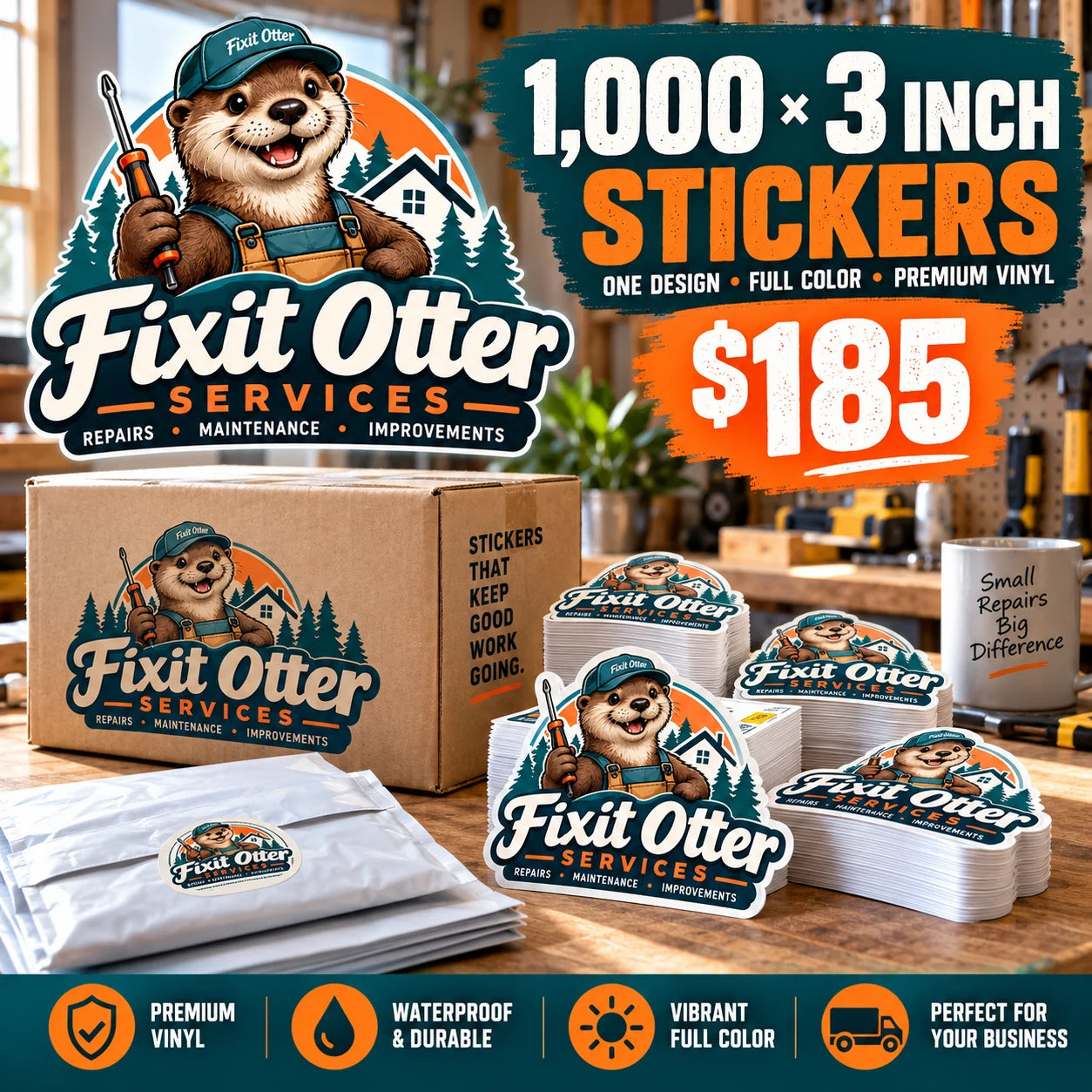 Fixit Otter Services fictional example: 1000 custom 3 inch stickers for $185
