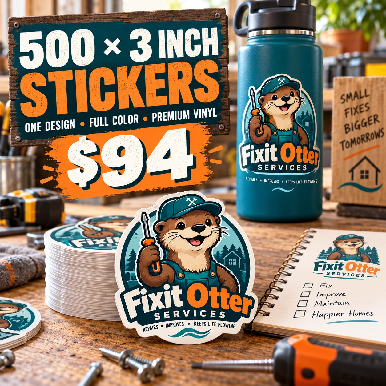 Fixit Otter Services fictional example: 500 custom 3 inch stickers for $94