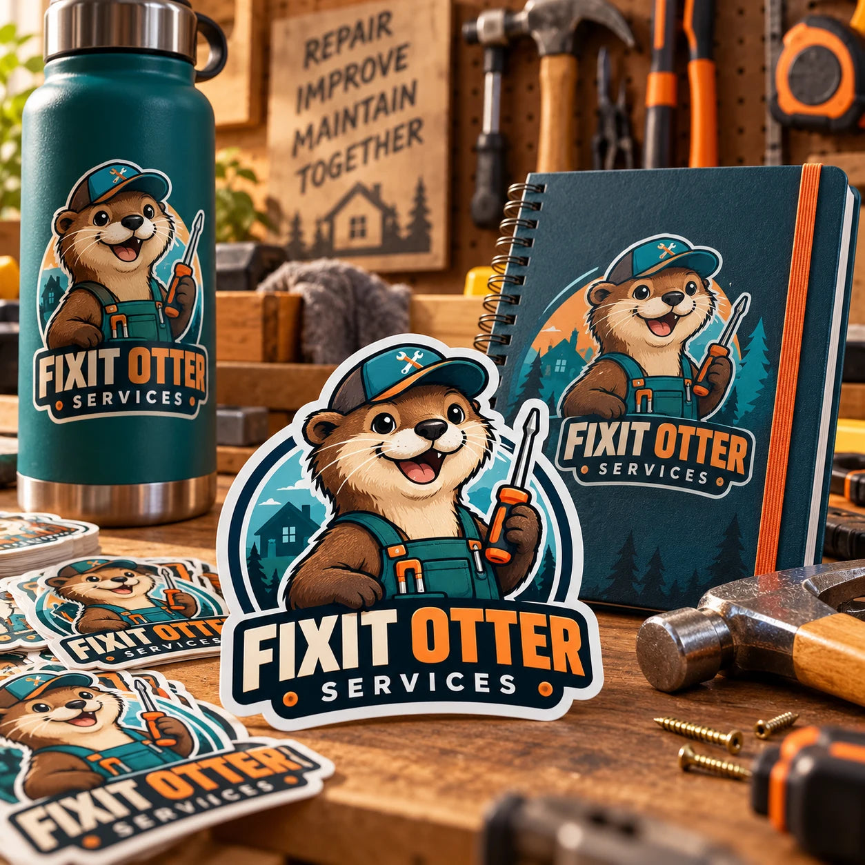 Fixit Otter Services fictional example storefront with custom lettering and stickers