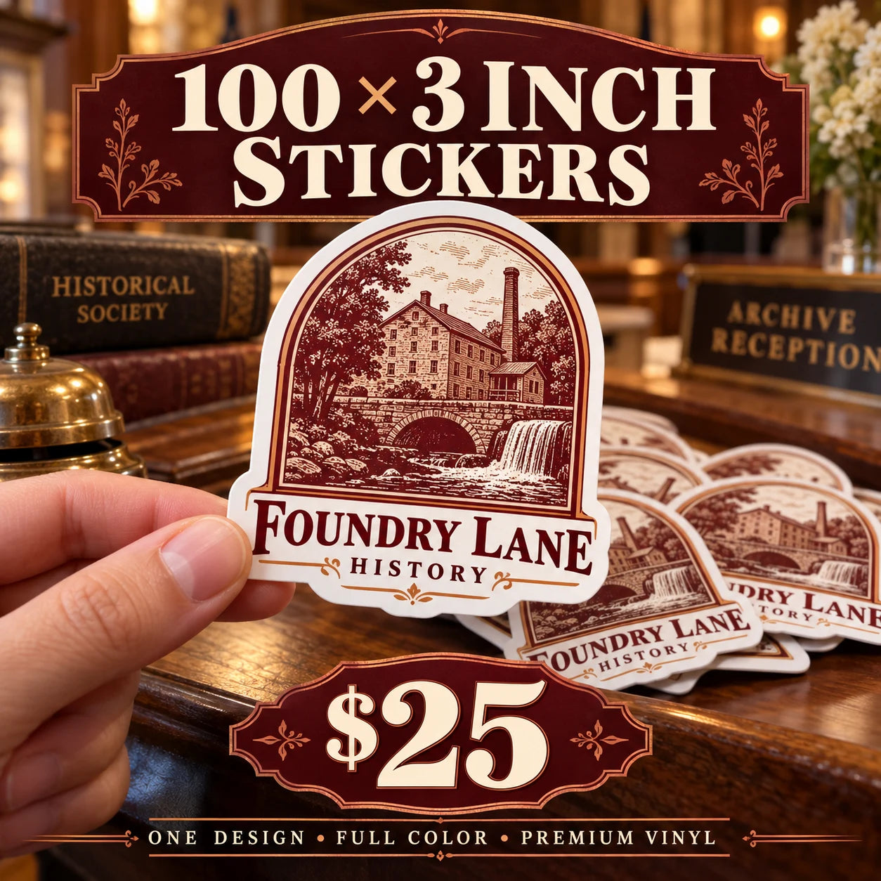 Foundry Lane History fictional example: 100 custom 3 inch stickers for $25