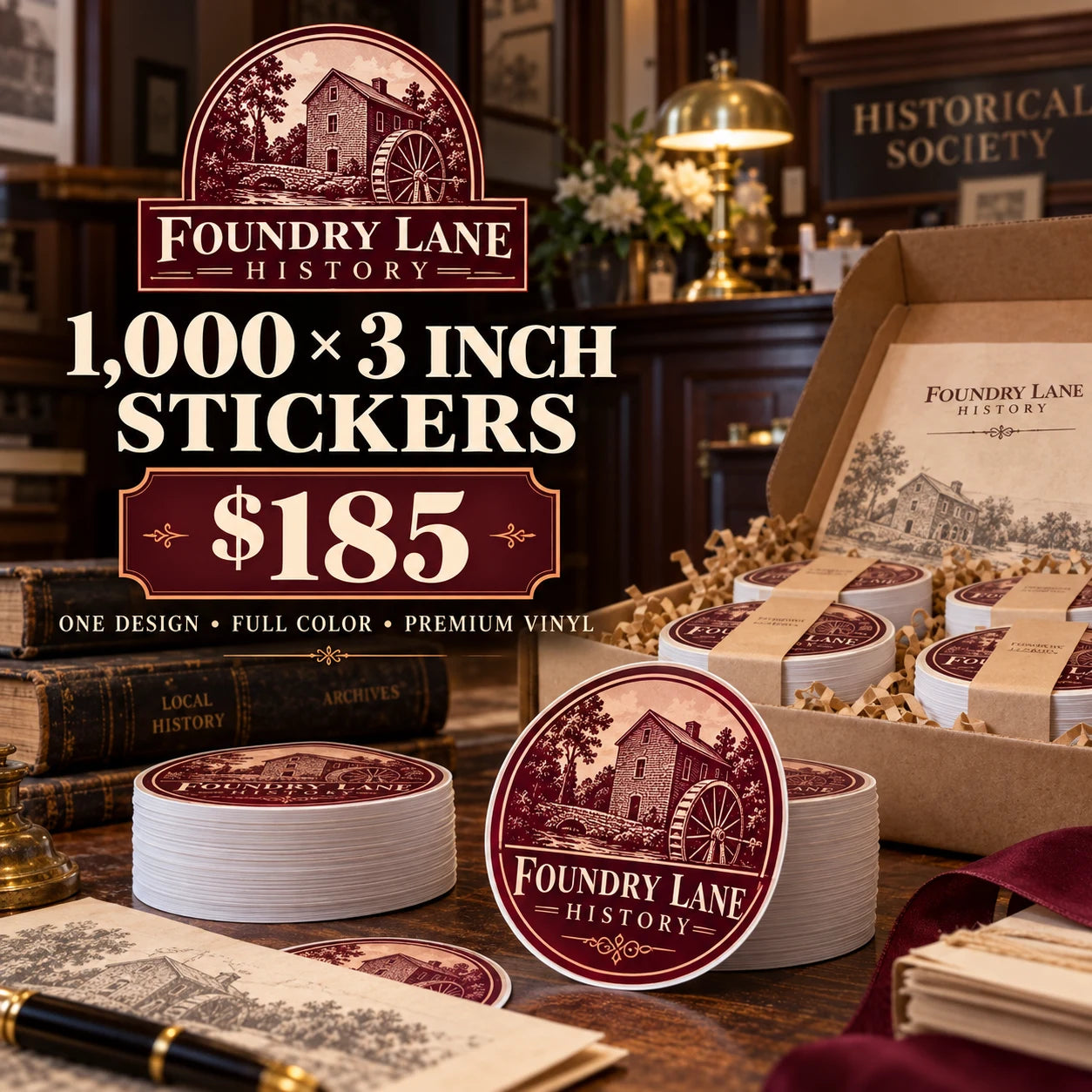 Foundry Lane History fictional example: 1000 custom 3 inch stickers for $185