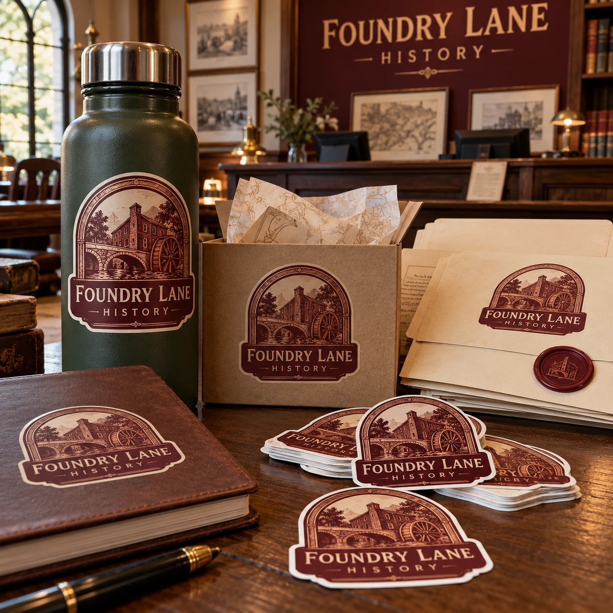 Foundry Lane History fictional example storefront with custom lettering and stickers