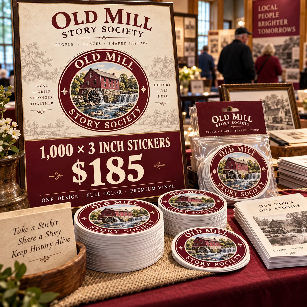 Old Mill Story Society fictional example: 1000 custom 3 inch stickers for $185