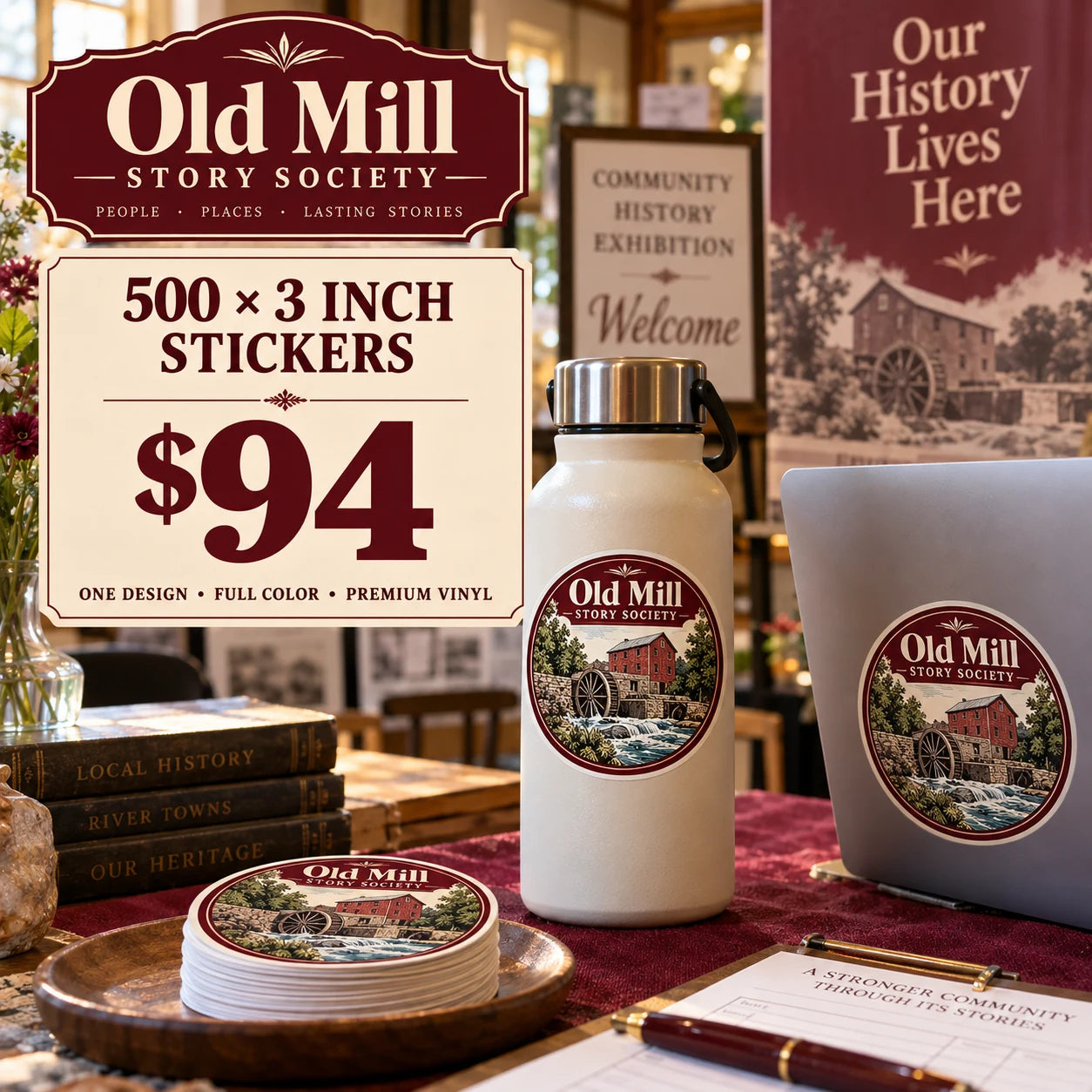 Old Mill Story Society fictional example: 500 custom 3 inch stickers for $94