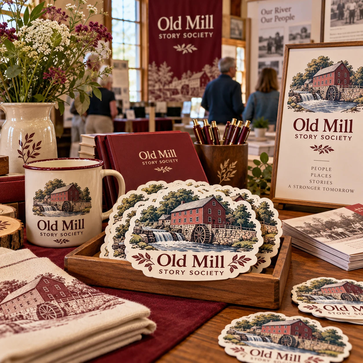 Old Mill Story Society fictional example storefront with custom lettering and stickers