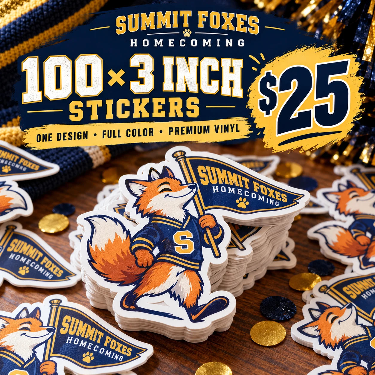 Summit Foxes Homecoming fictional example: 100 custom 3 inch stickers for $25