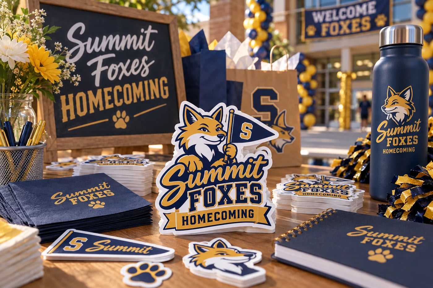 Summit Foxes Homecoming fictional example storefront with custom lettering and stickers