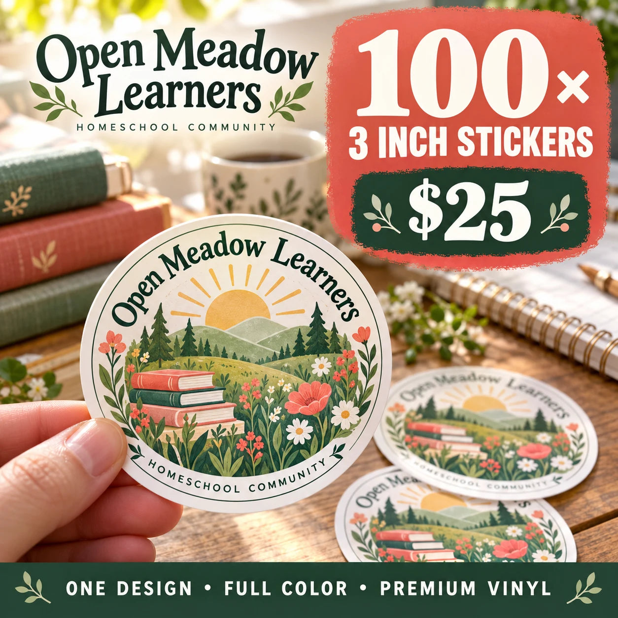 Open Meadow Learners fictional example: 100 custom 3 inch stickers for $25