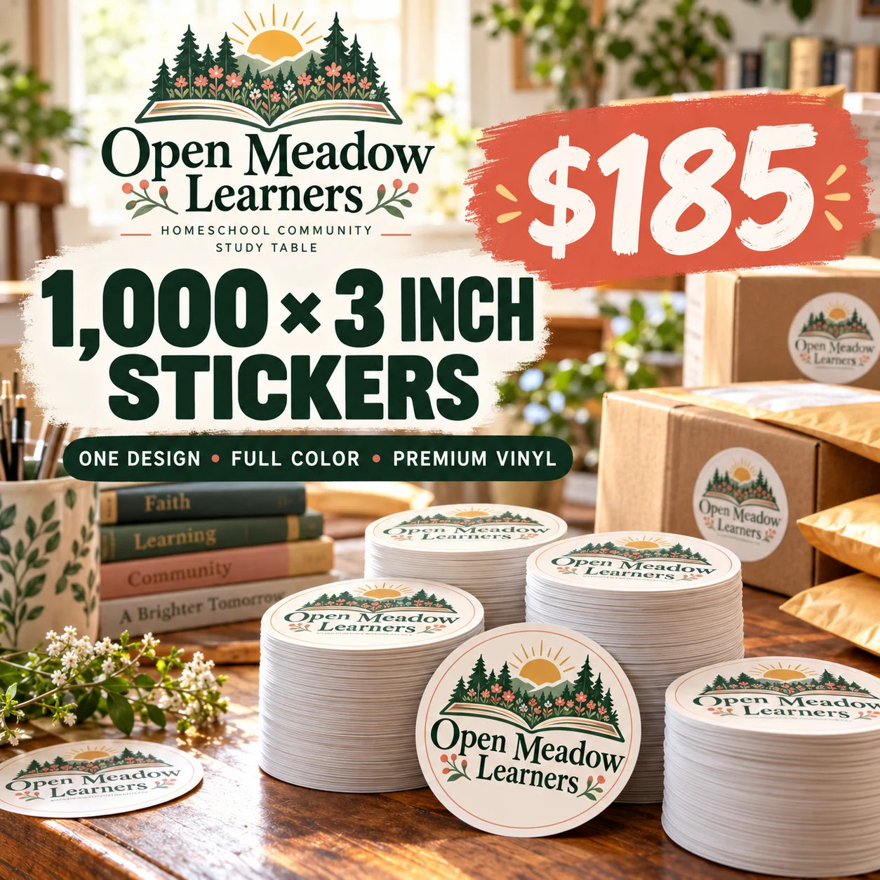 Open Meadow Learners fictional packaging and sticker ideas