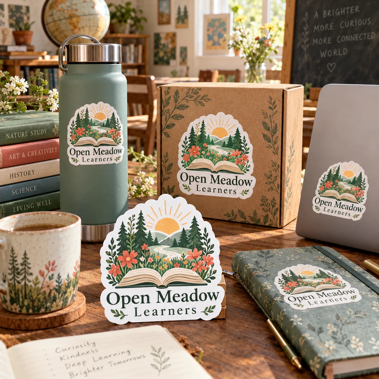 Open Meadow Learners fictional example storefront with custom lettering and stickers