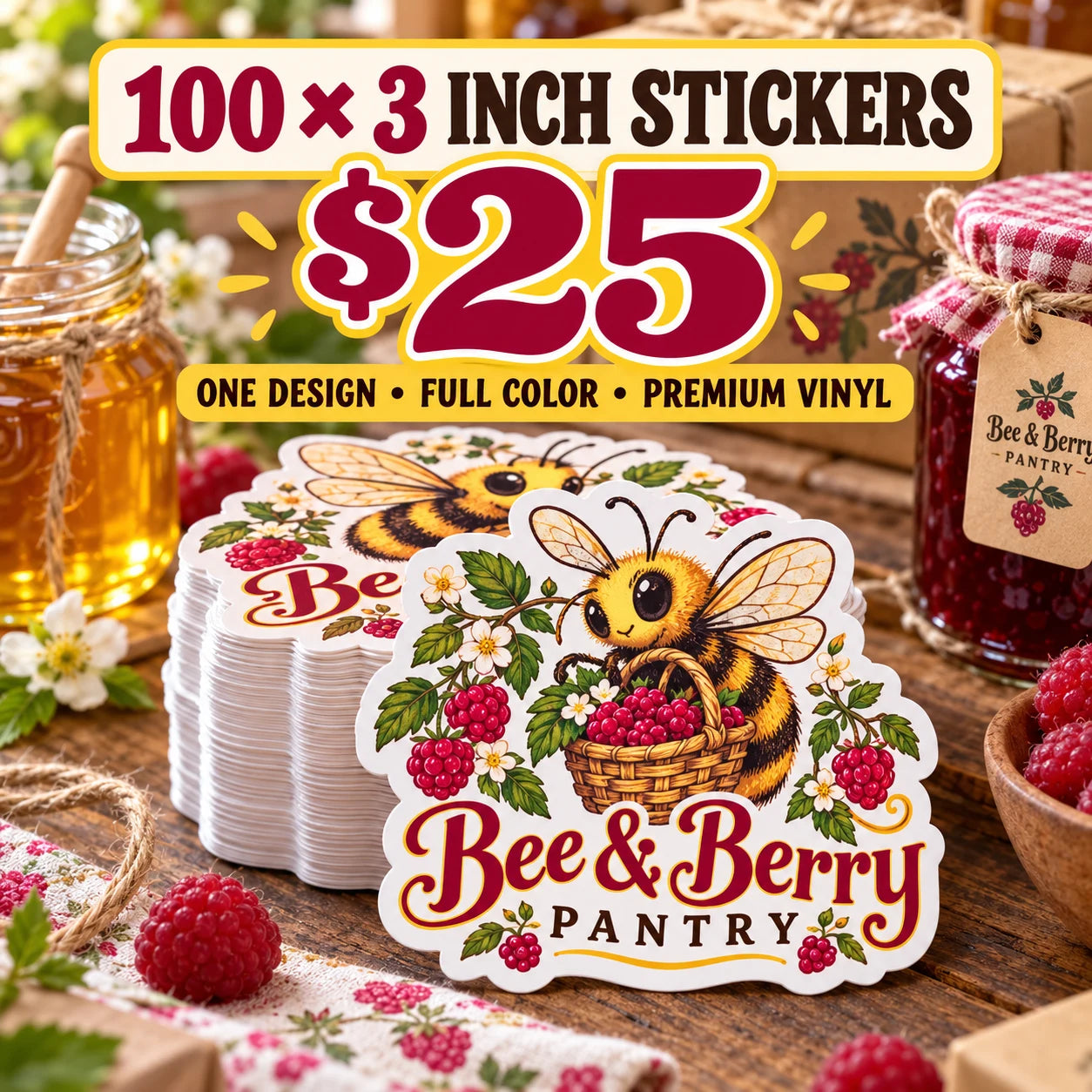 Bee & Berry Pantry fictional example: 100 custom 3 inch stickers for $25