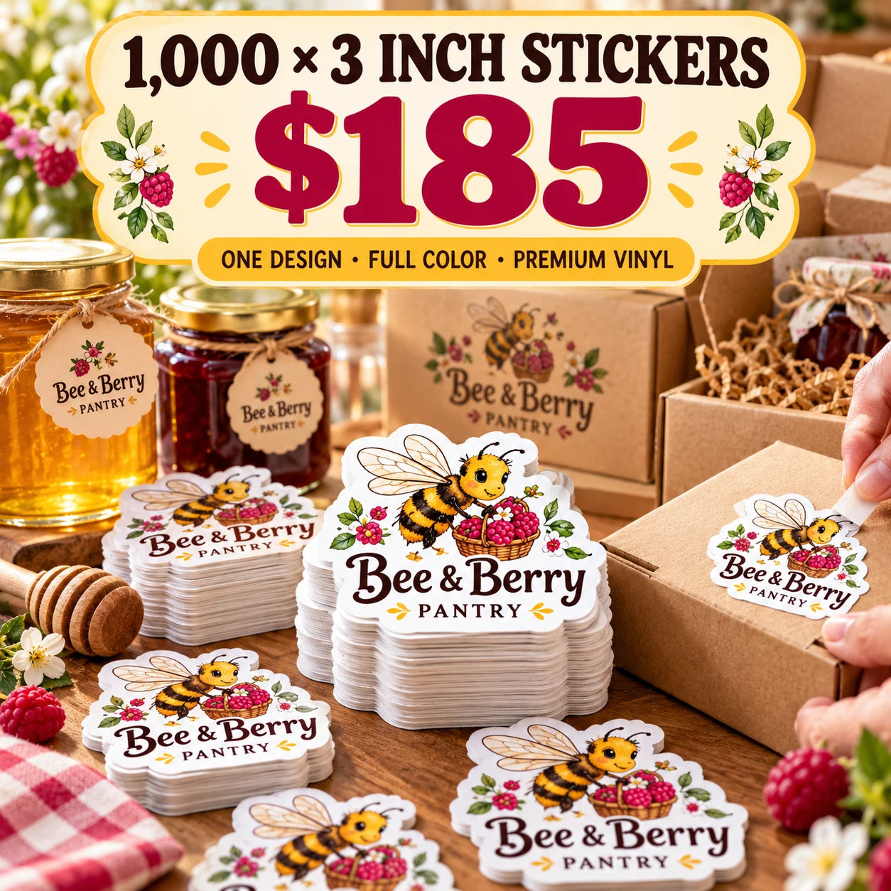 Bee & Berry Pantry fictional example: 1000 custom 3 inch stickers for $185