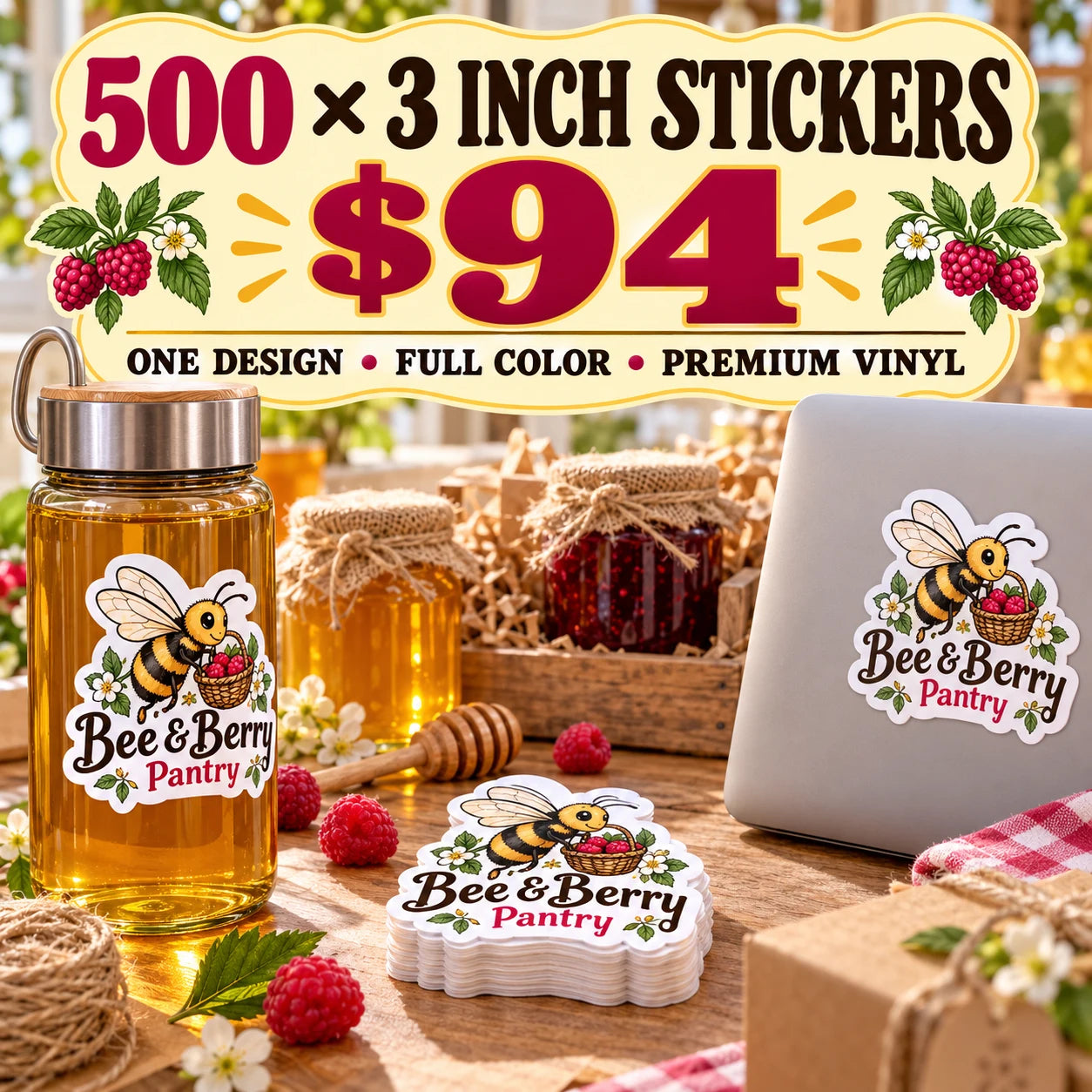 Bee & Berry Pantry fictional example: 500 custom 3 inch stickers for $94