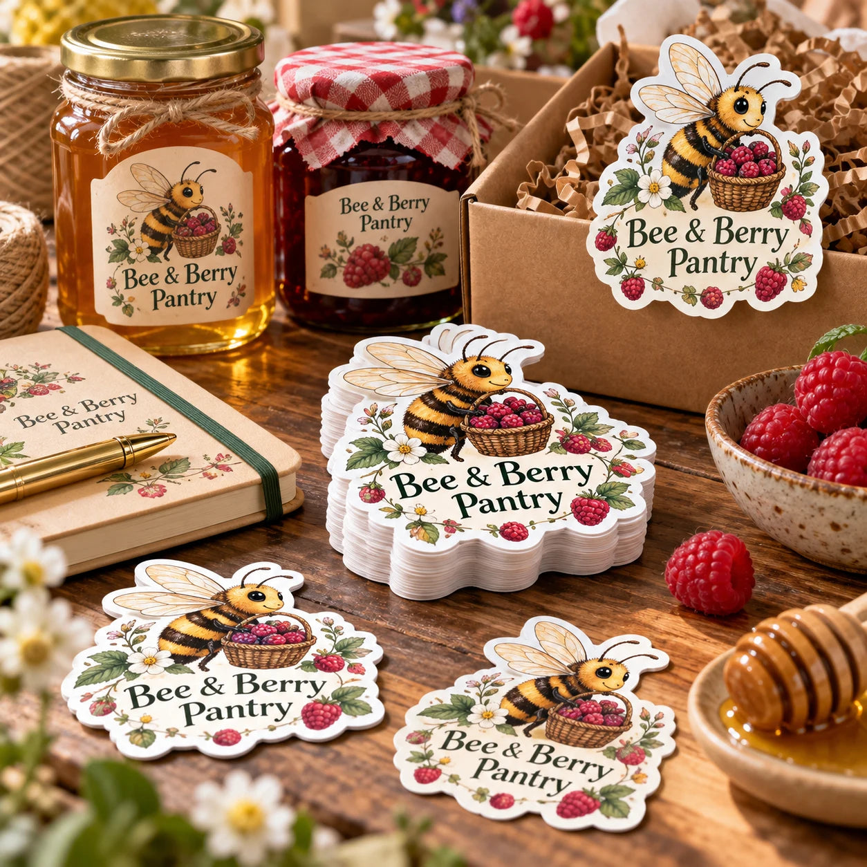 Bee & Berry Pantry fictional example storefront with custom lettering and stickers