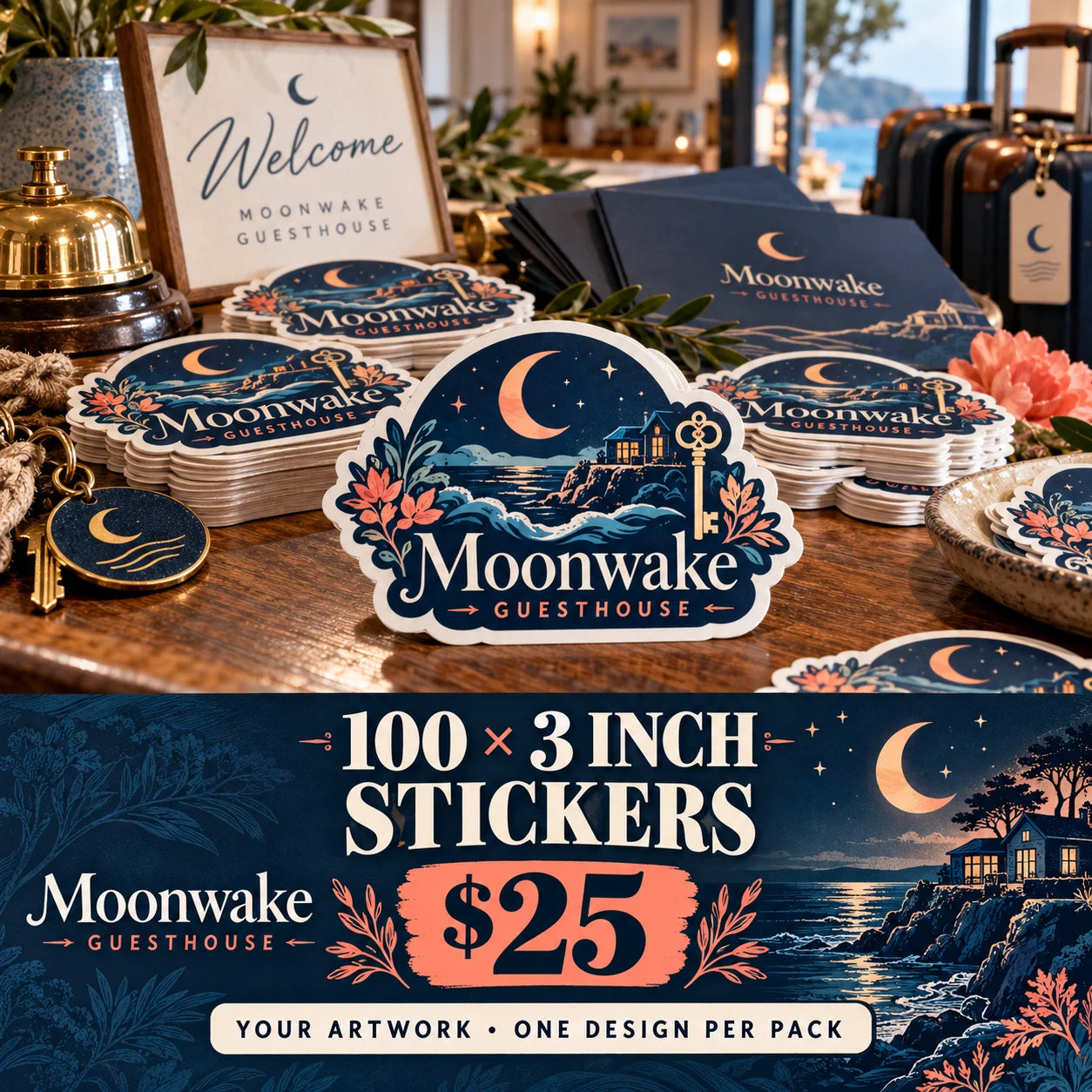 Moonwake Guesthouse fictional example: 100 custom 3 inch stickers for $25