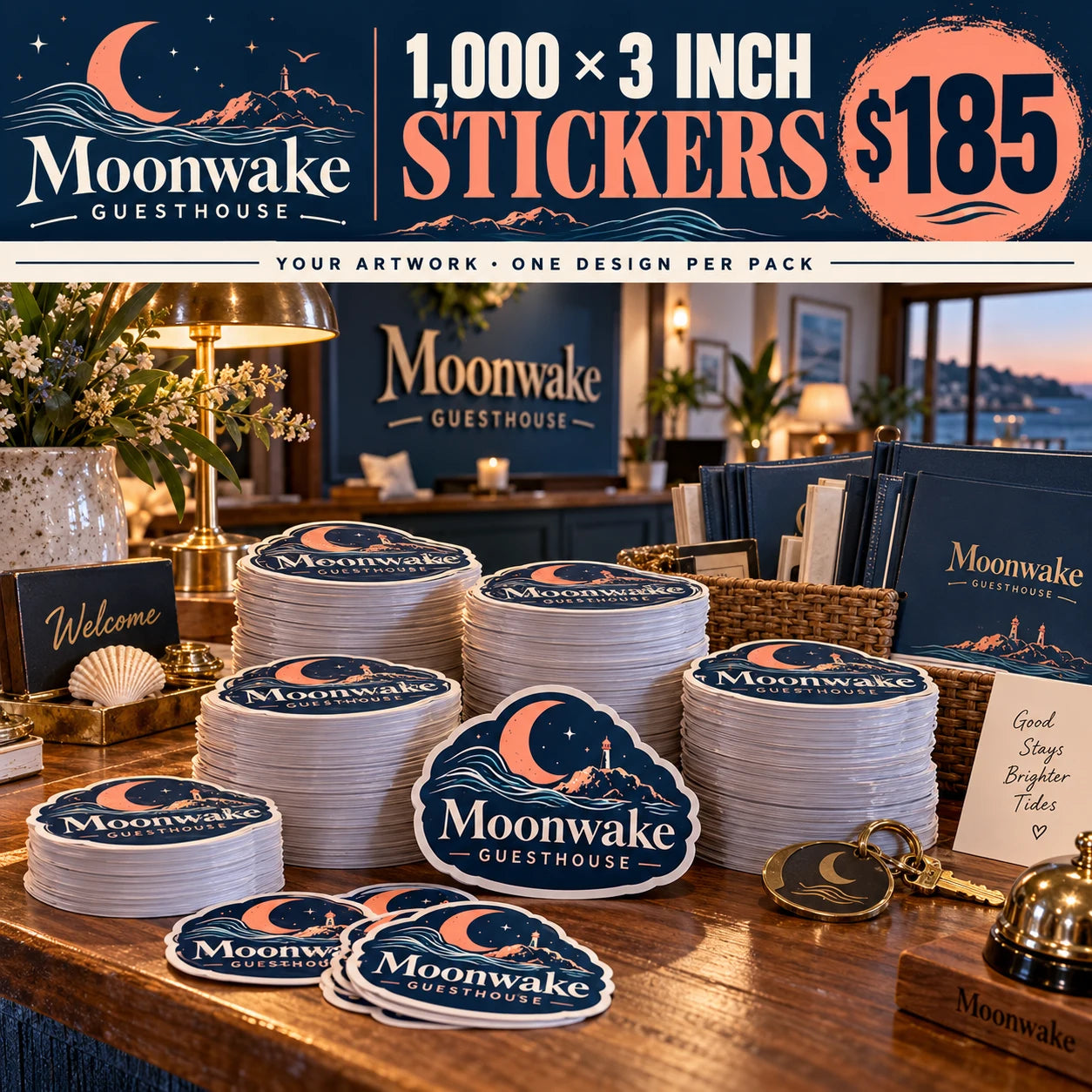 Moonwake Guesthouse fictional example: 1000 custom 3 inch stickers for $185