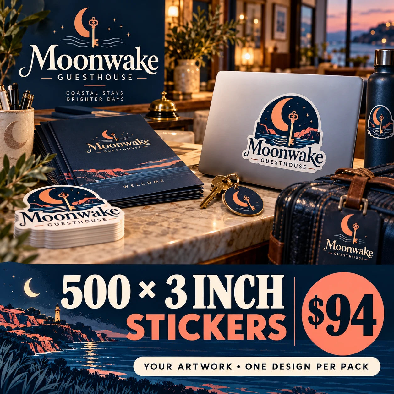 Moonwake Guesthouse fictional example: 500 custom 3 inch stickers for $94