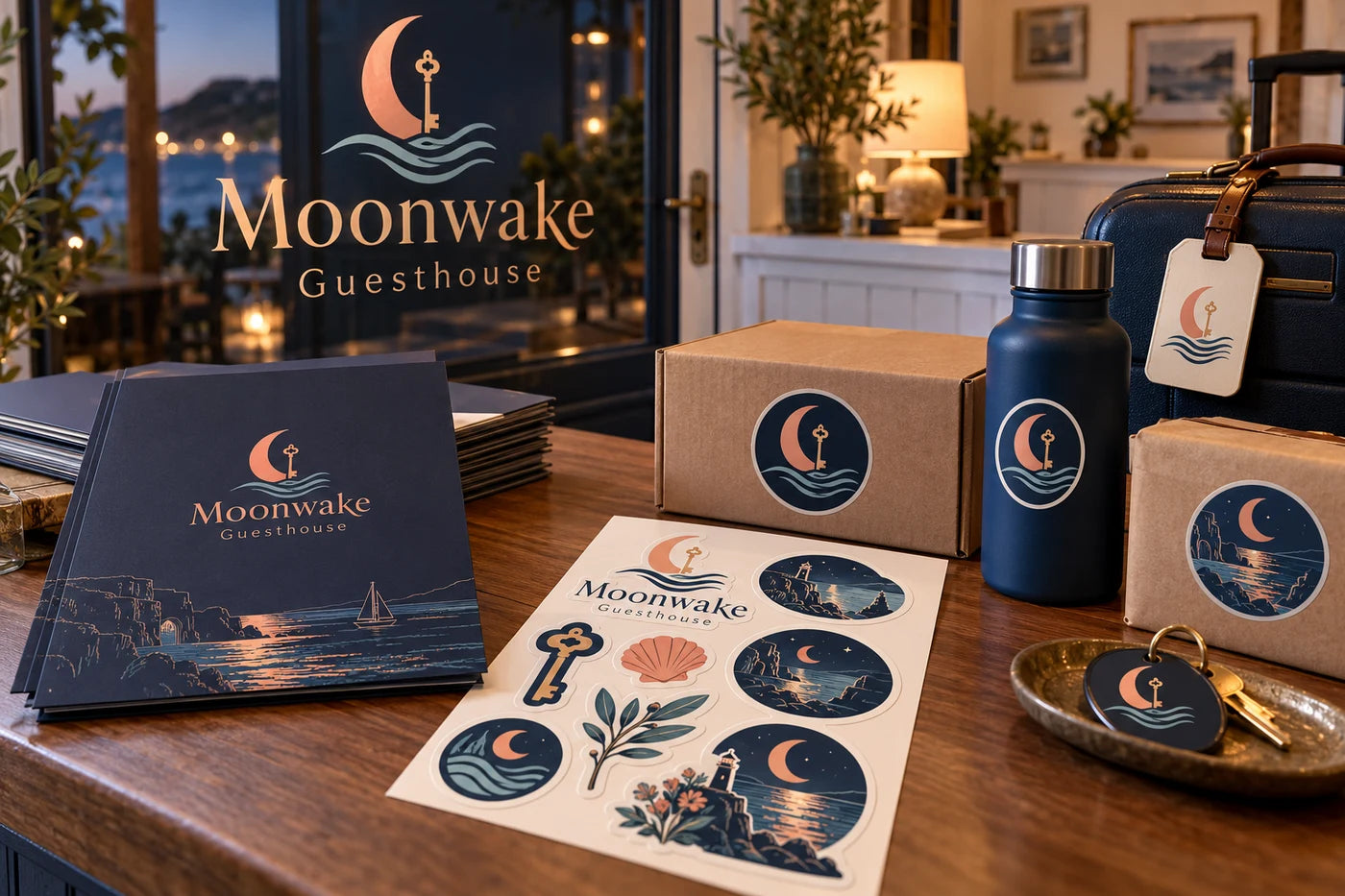 Moonwake Guesthouse fictional example storefront with custom lettering and stickers