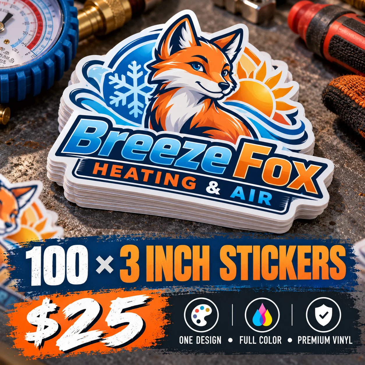 Breeze Fox Heating & Air fictional example: 100 custom 3 inch stickers for $25