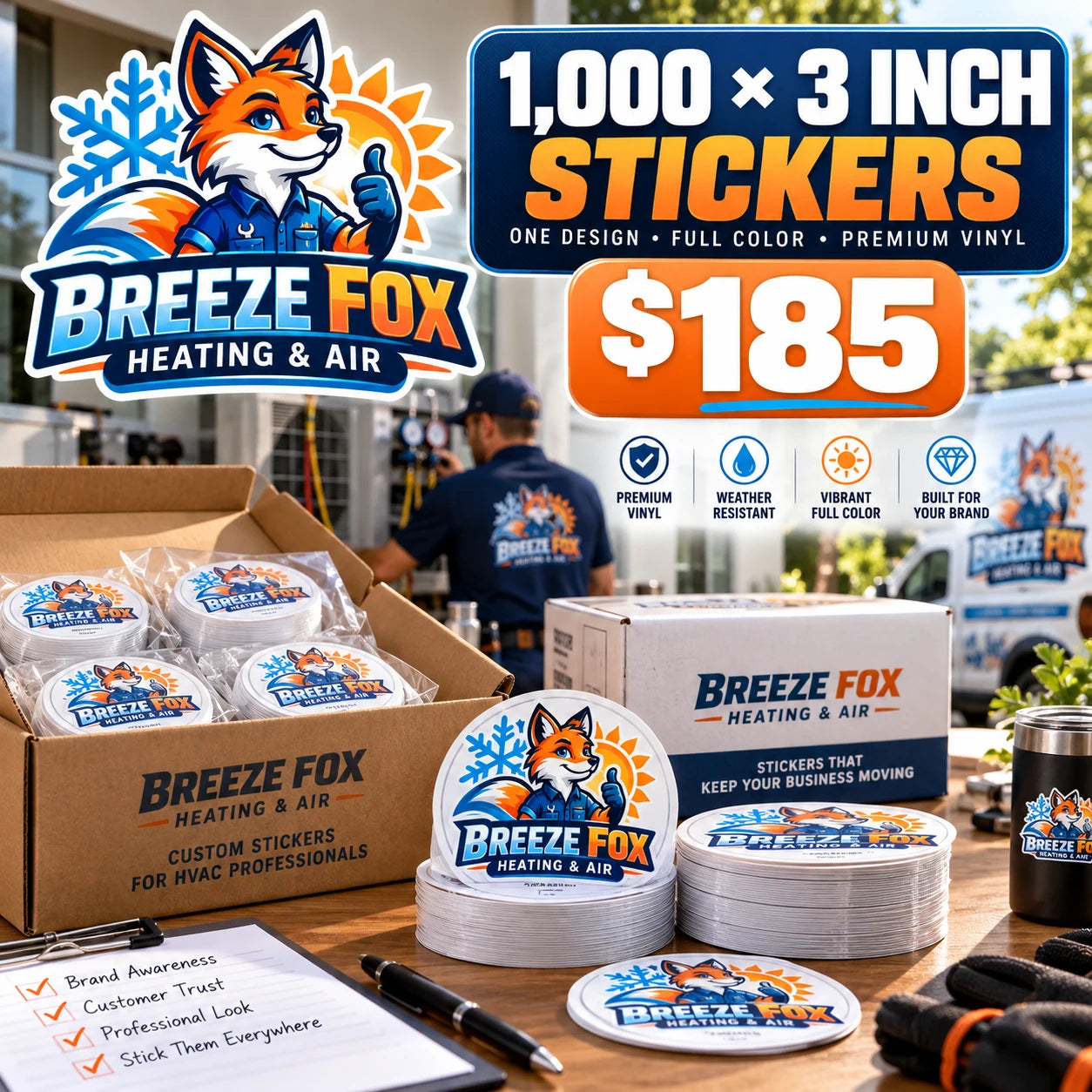 Breeze Fox Heating & Air fictional example: 1000 custom 3 inch stickers for $185