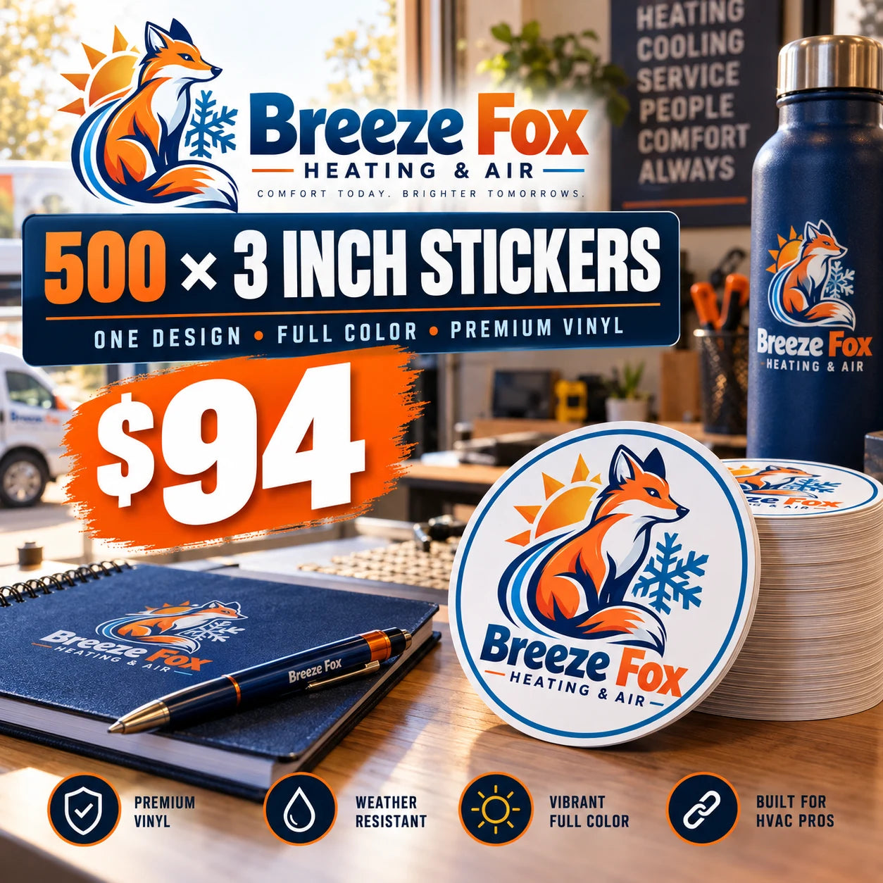 Breeze Fox Heating & Air fictional example: 500 custom 3 inch stickers for $94