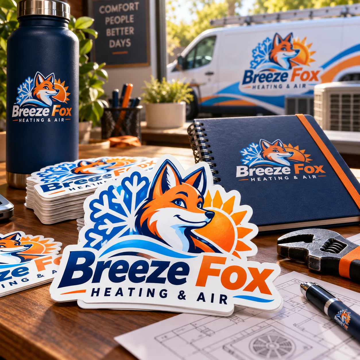 Breeze Fox Heating & Air fictional example storefront with custom lettering and stickers