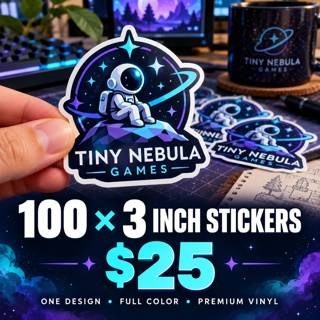 Tiny Nebula Games fictional example: 100 custom 3 inch stickers for $25