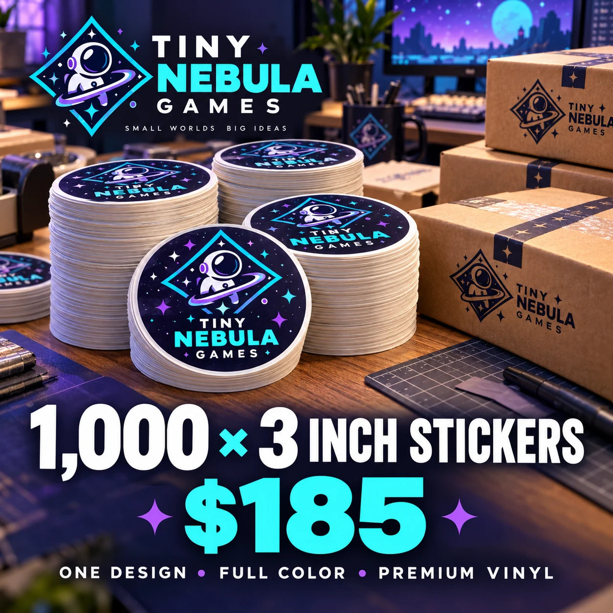Tiny Nebula Games fictional example: 1000 custom 3 inch stickers for $185
