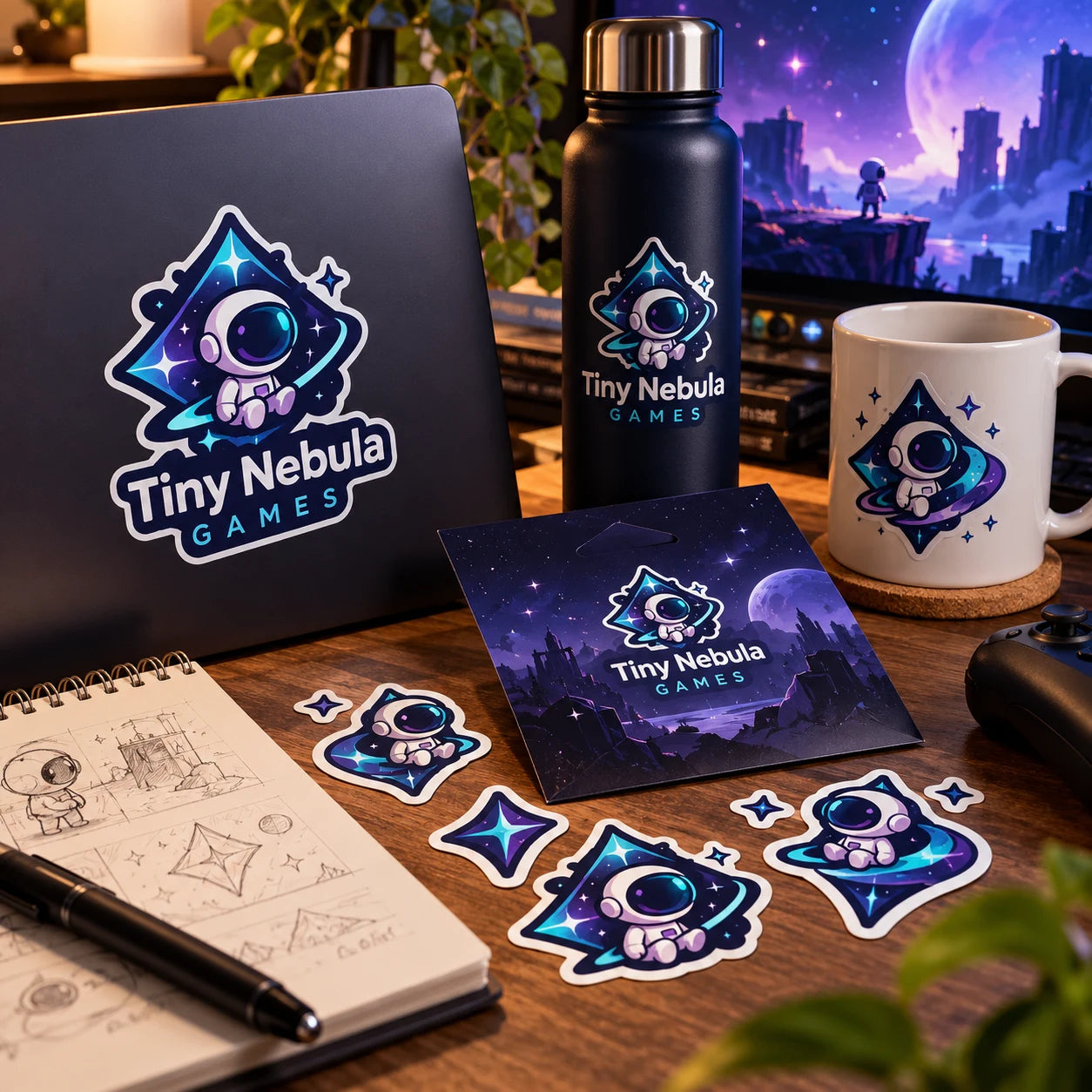 Tiny Nebula Games fictional example storefront with custom lettering and stickers