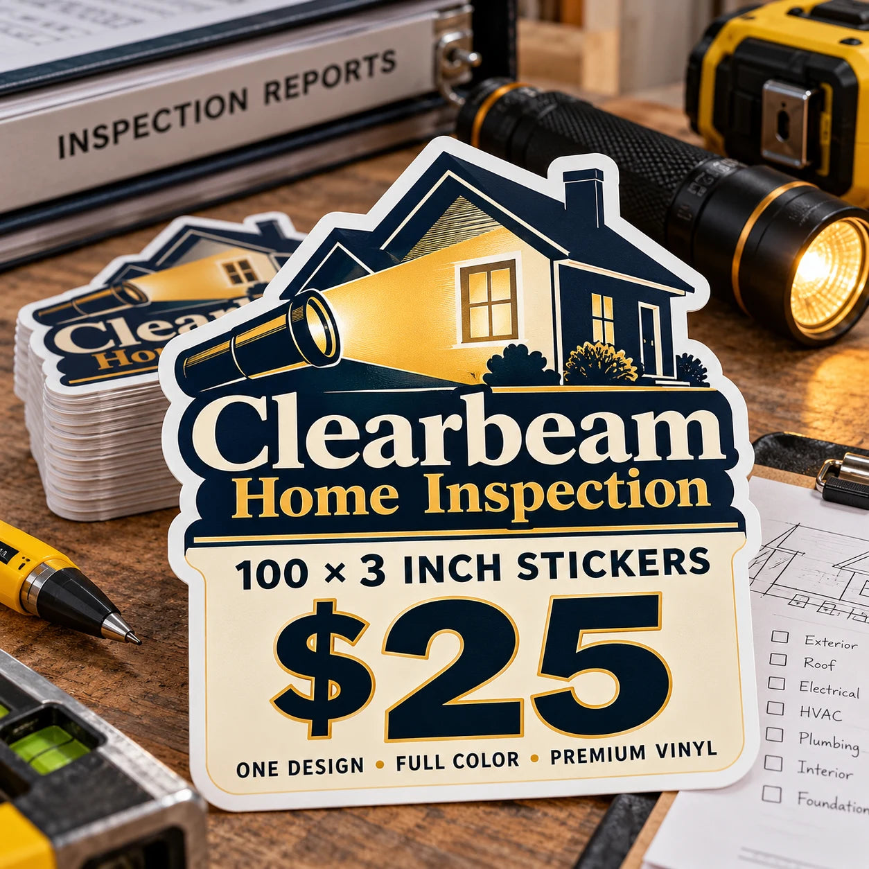 Clearbeam Home Inspection fictional example: 100 custom 3 inch stickers for $25