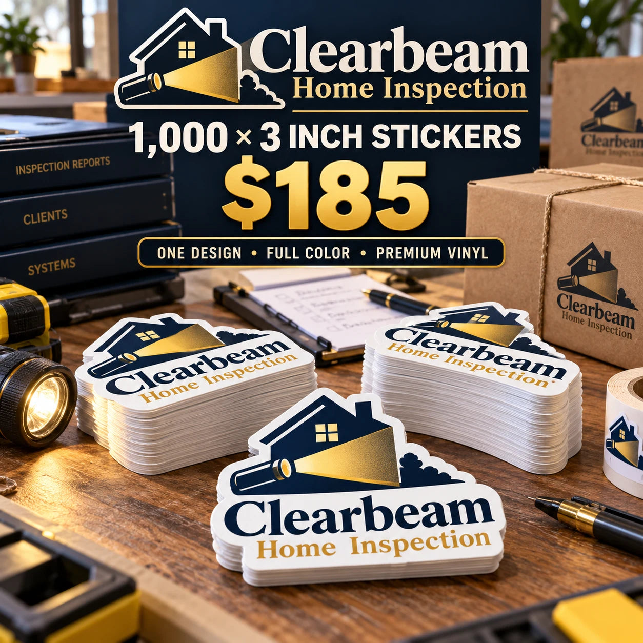 Clearbeam Home Inspection fictional packaging and sticker ideas