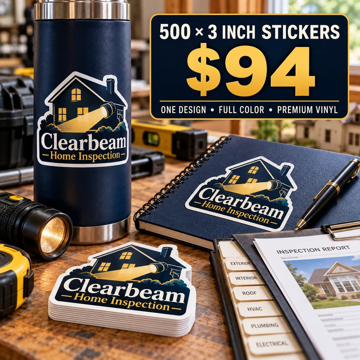 Clearbeam Home Inspection fictional example: 500 custom 3 inch stickers for $94