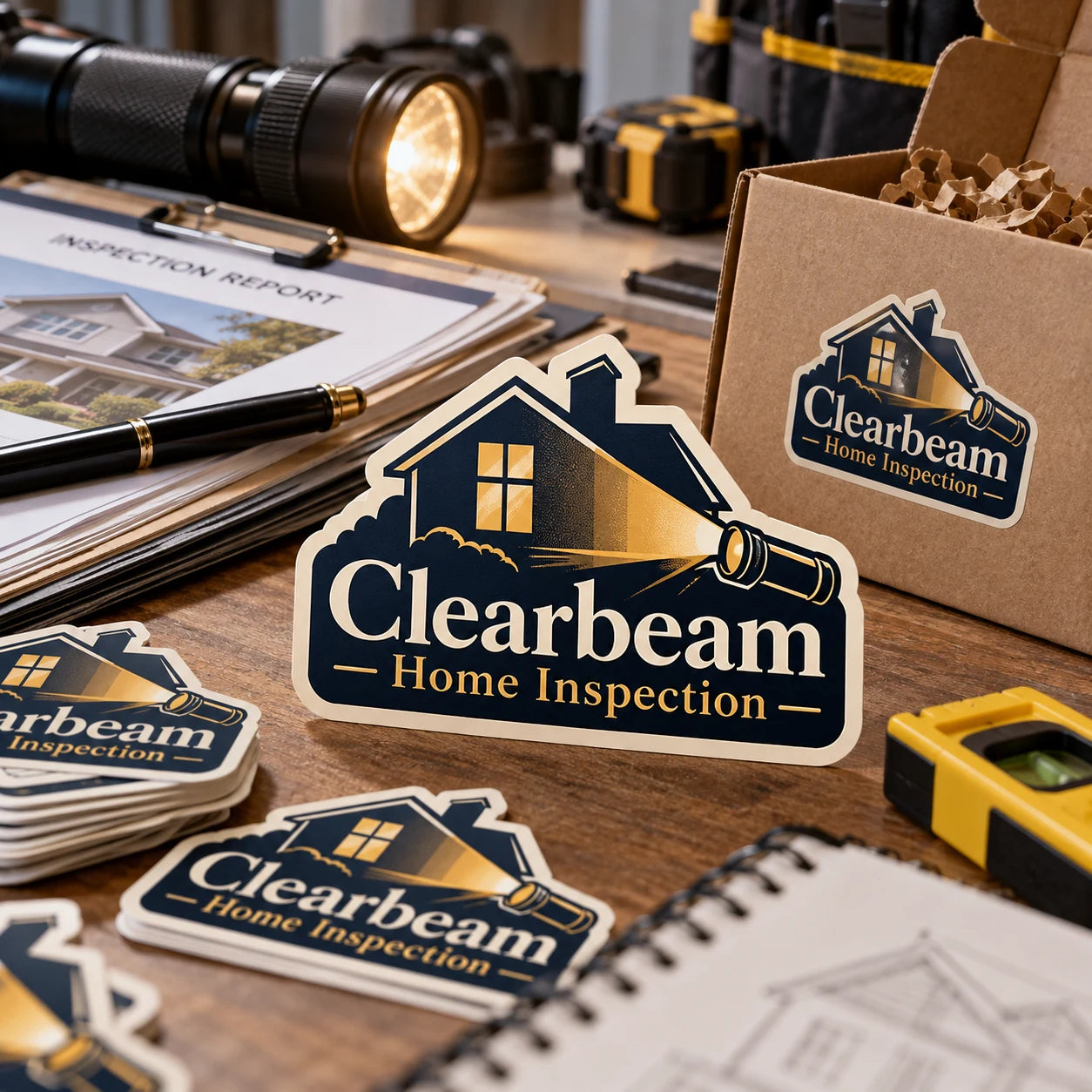 Clearbeam Home Inspection fictional example storefront with custom lettering and stickers