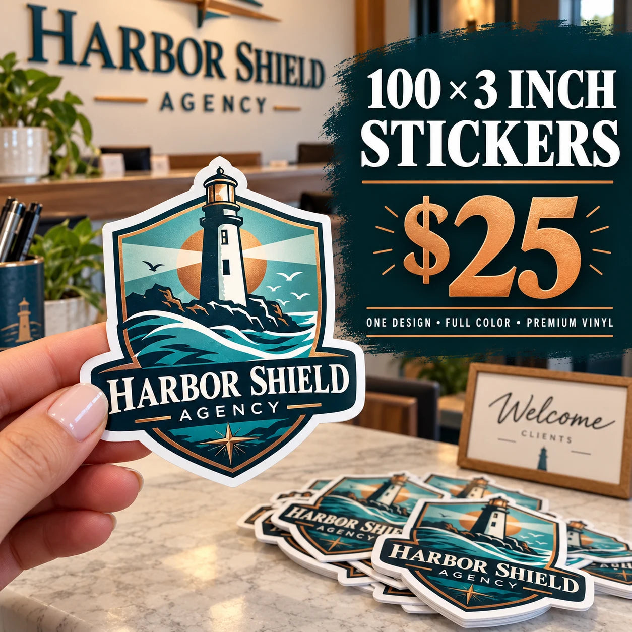 Harbor Shield Agency fictional example: 100 custom 3 inch stickers for $25