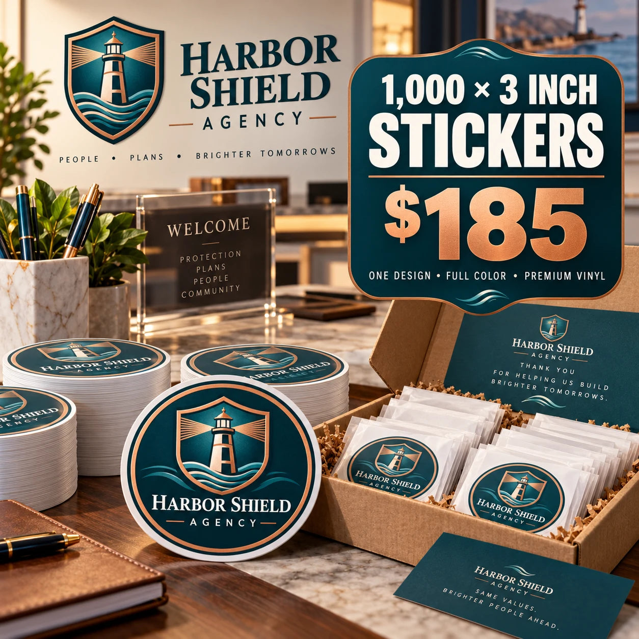 Harbor Shield Agency fictional example: 1000 custom 3 inch stickers for $185