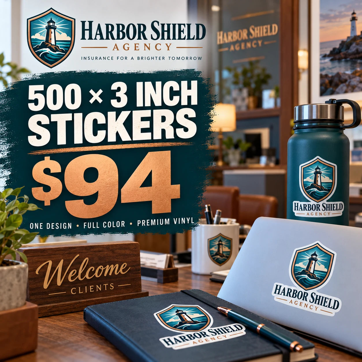 Harbor Shield Agency fictional example: 500 custom 3 inch stickers for $94