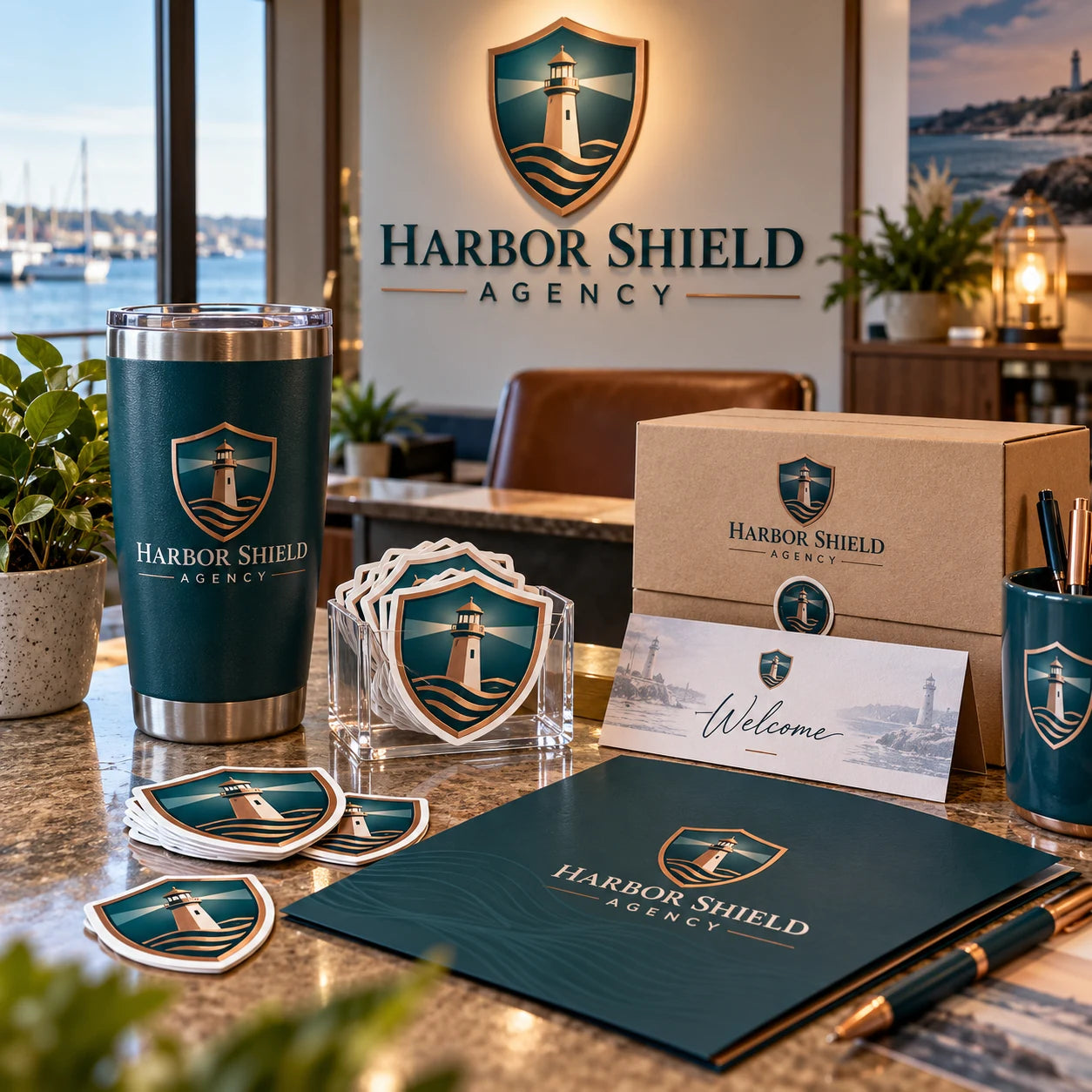 Harbor Shield Agency fictional example storefront with custom lettering and stickers