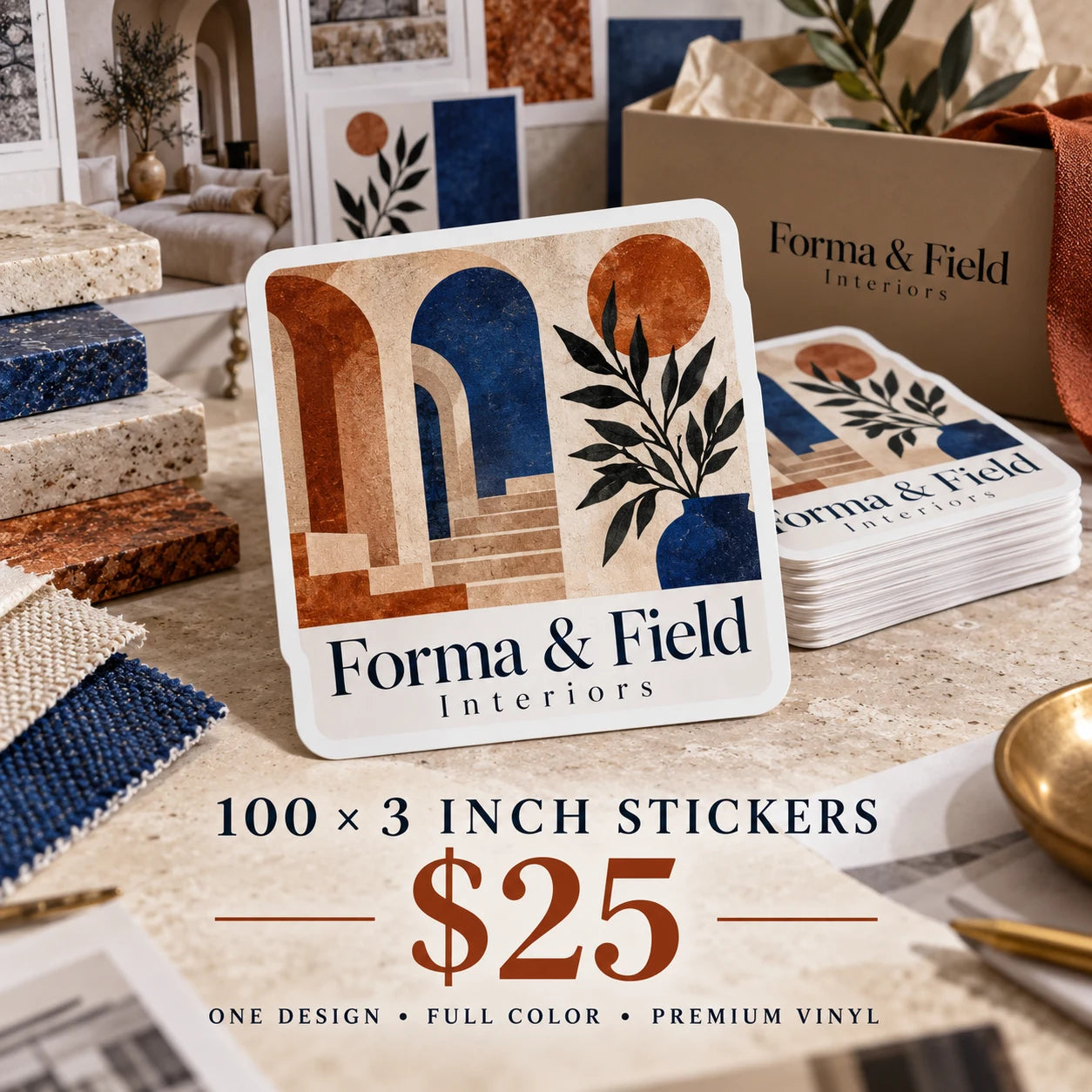 Forma & Field Interiors fictional example: 100 custom 3 inch stickers for $25