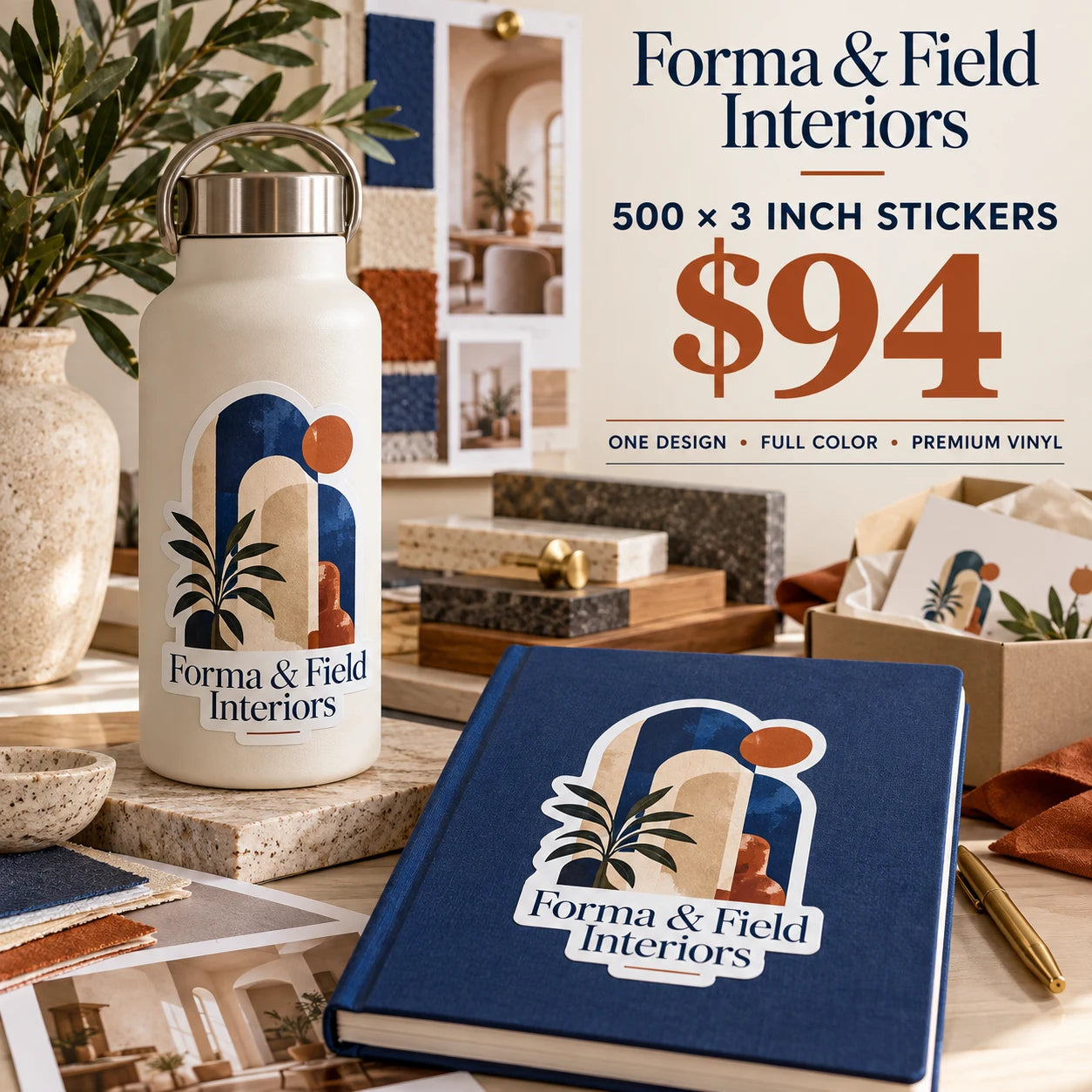 Forma & Field Interiors fictional example: 500 custom 3 inch stickers for $94