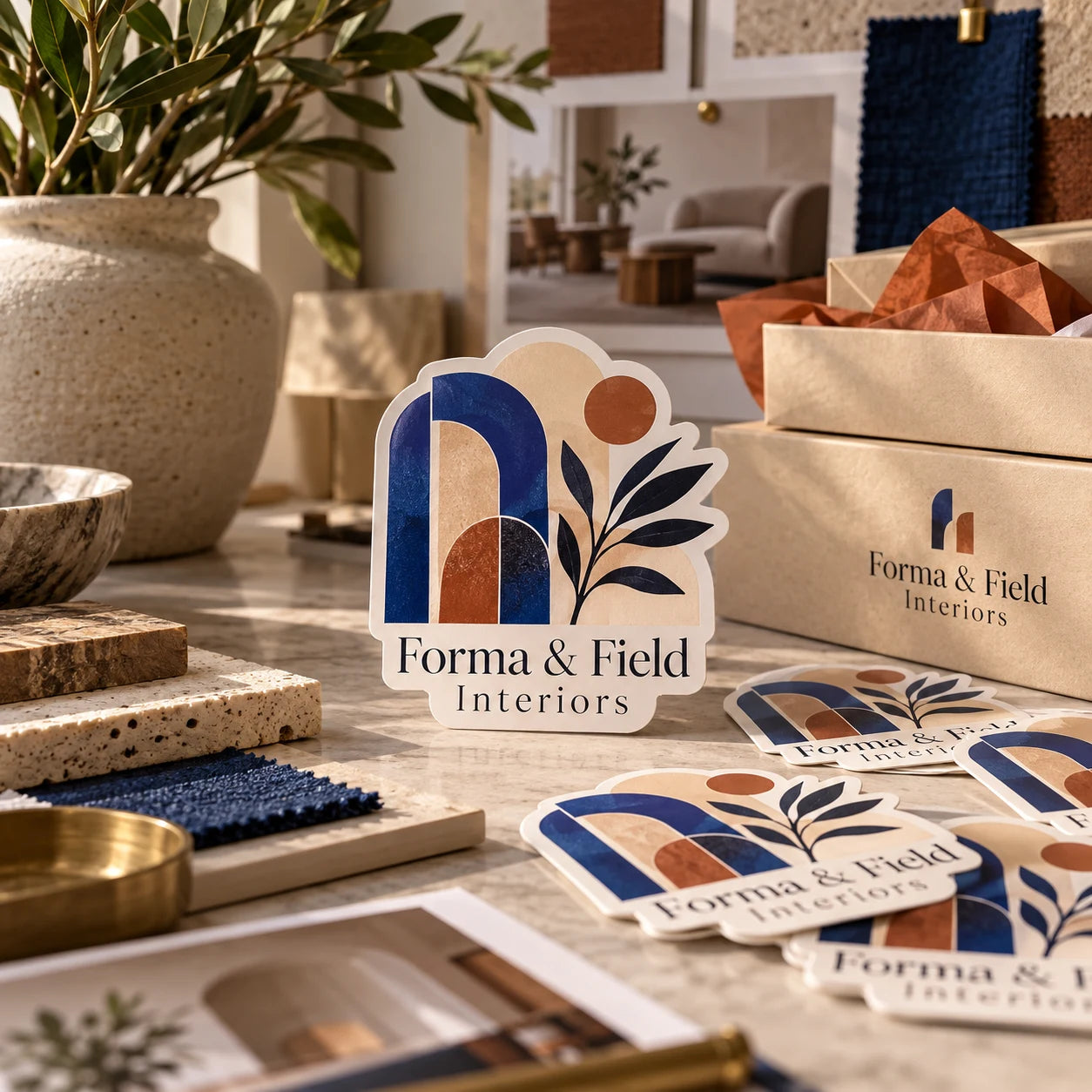 Forma & Field Interiors fictional example storefront with custom lettering and stickers