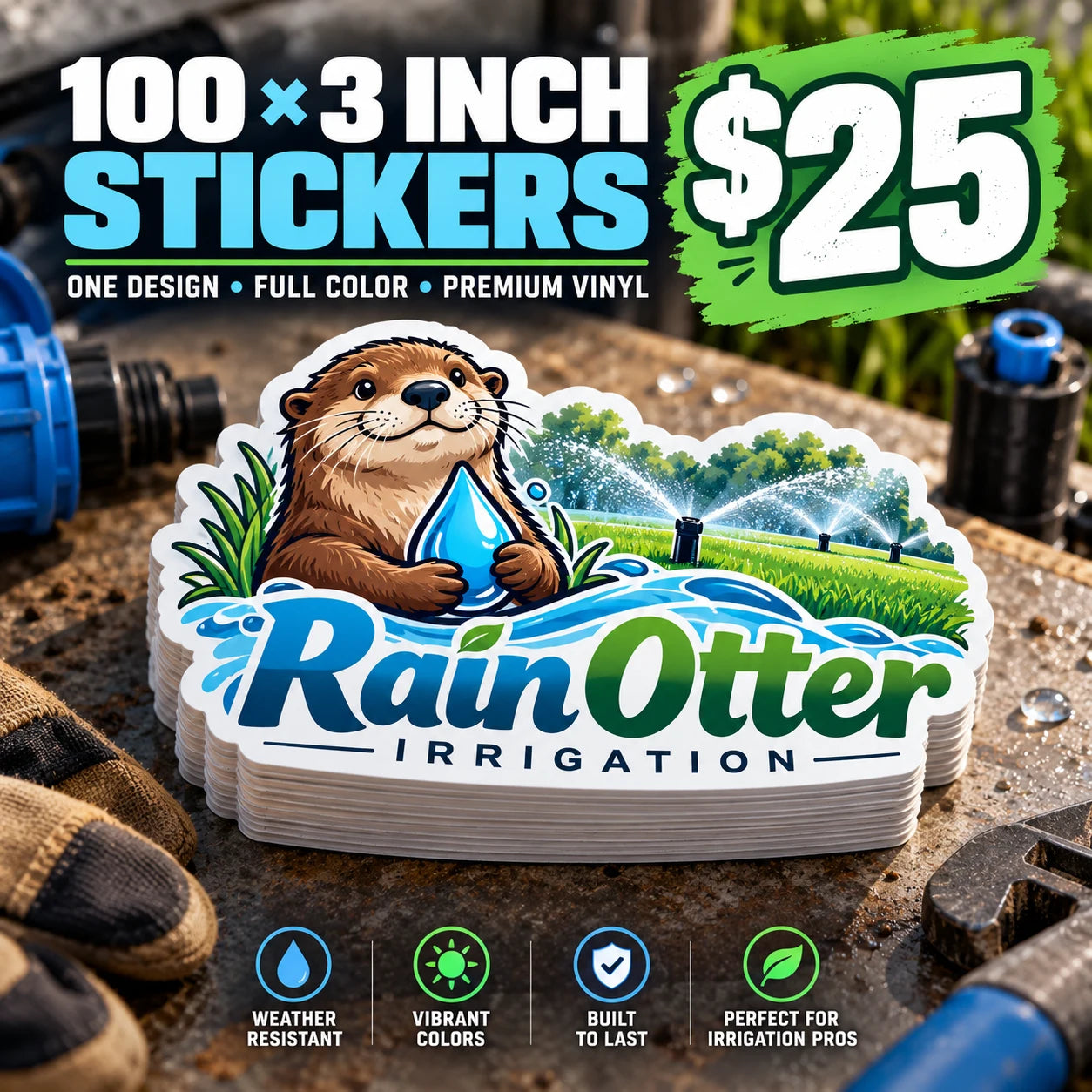 Rain Otter Irrigation fictional example: 100 custom 3 inch stickers for $25