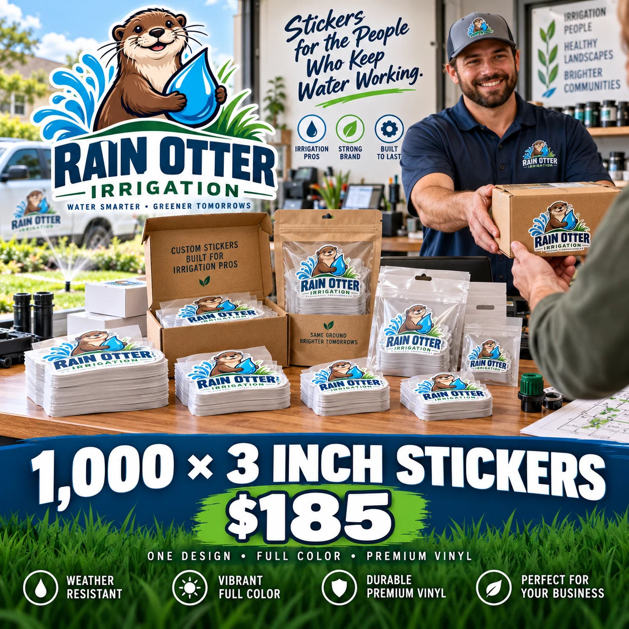 Rain Otter Irrigation fictional example: 1000 custom 3 inch stickers for $185