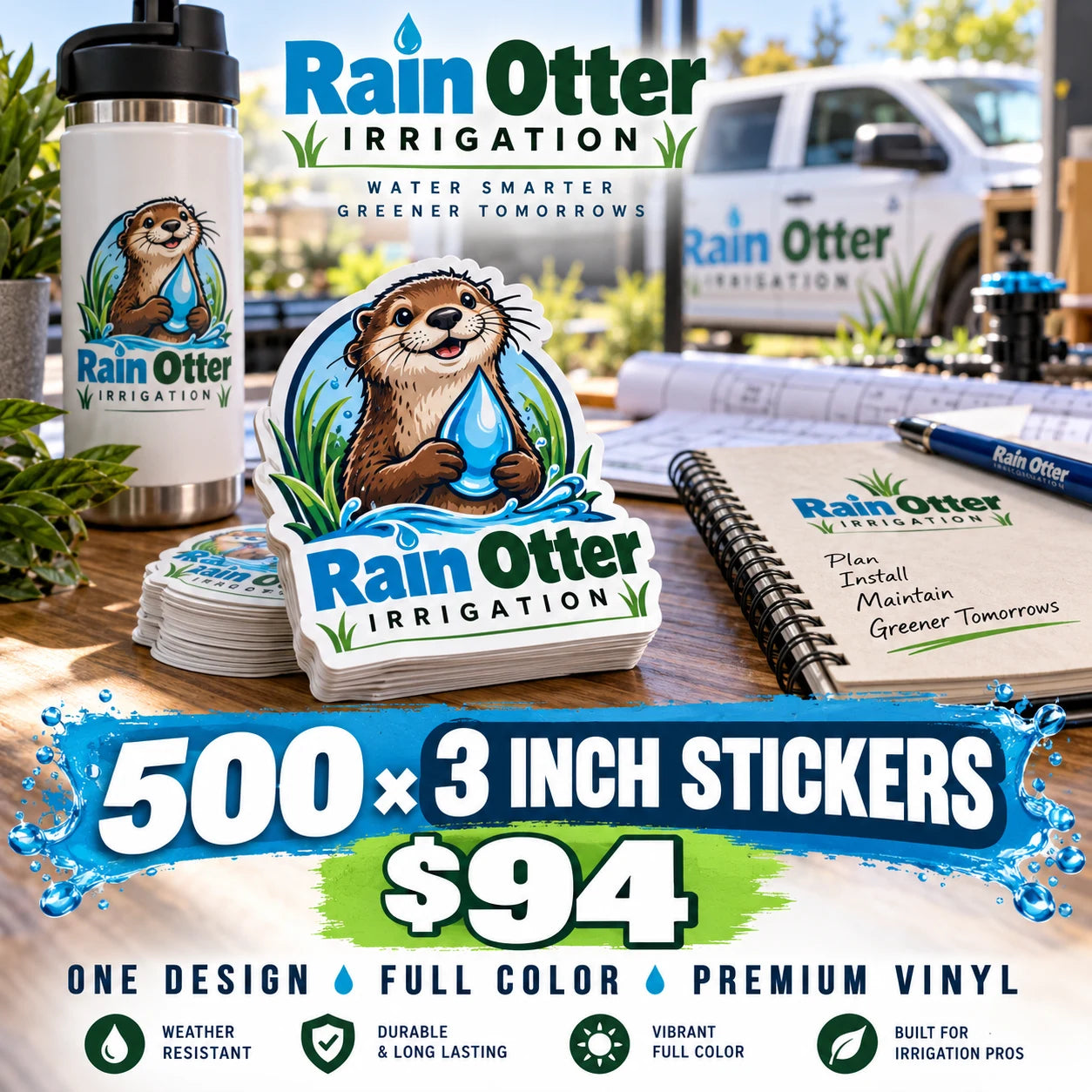 Rain Otter Irrigation fictional example: 500 custom 3 inch stickers for $94