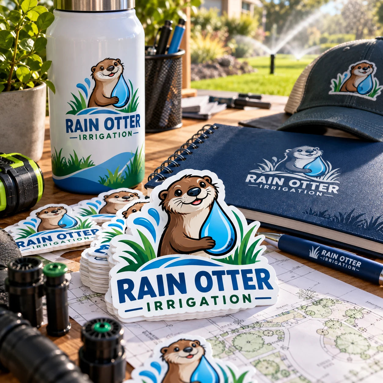 Rain Otter Irrigation fictional example storefront with custom lettering and stickers