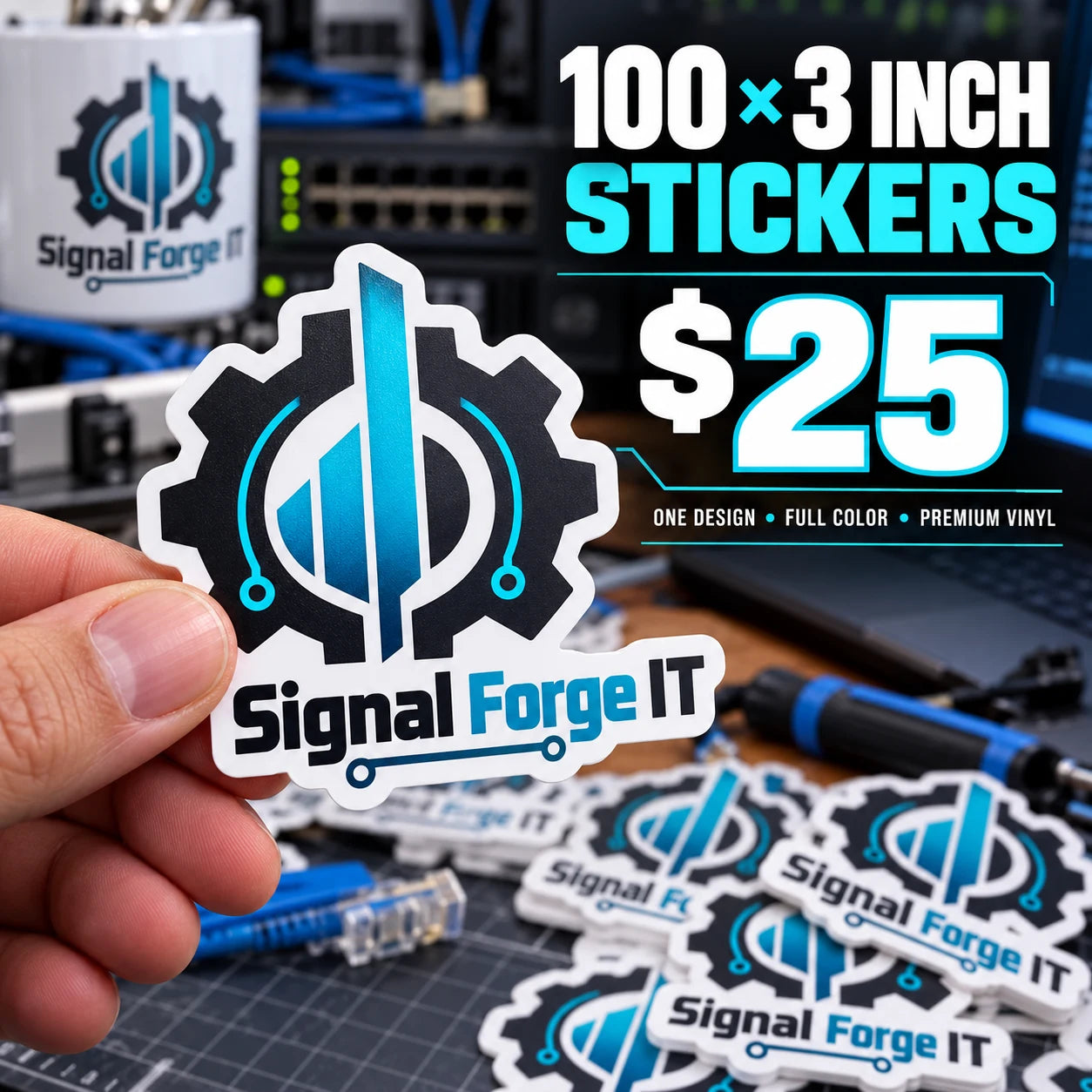 Signal Forge IT fictional example: 100 custom 3 inch stickers for $25