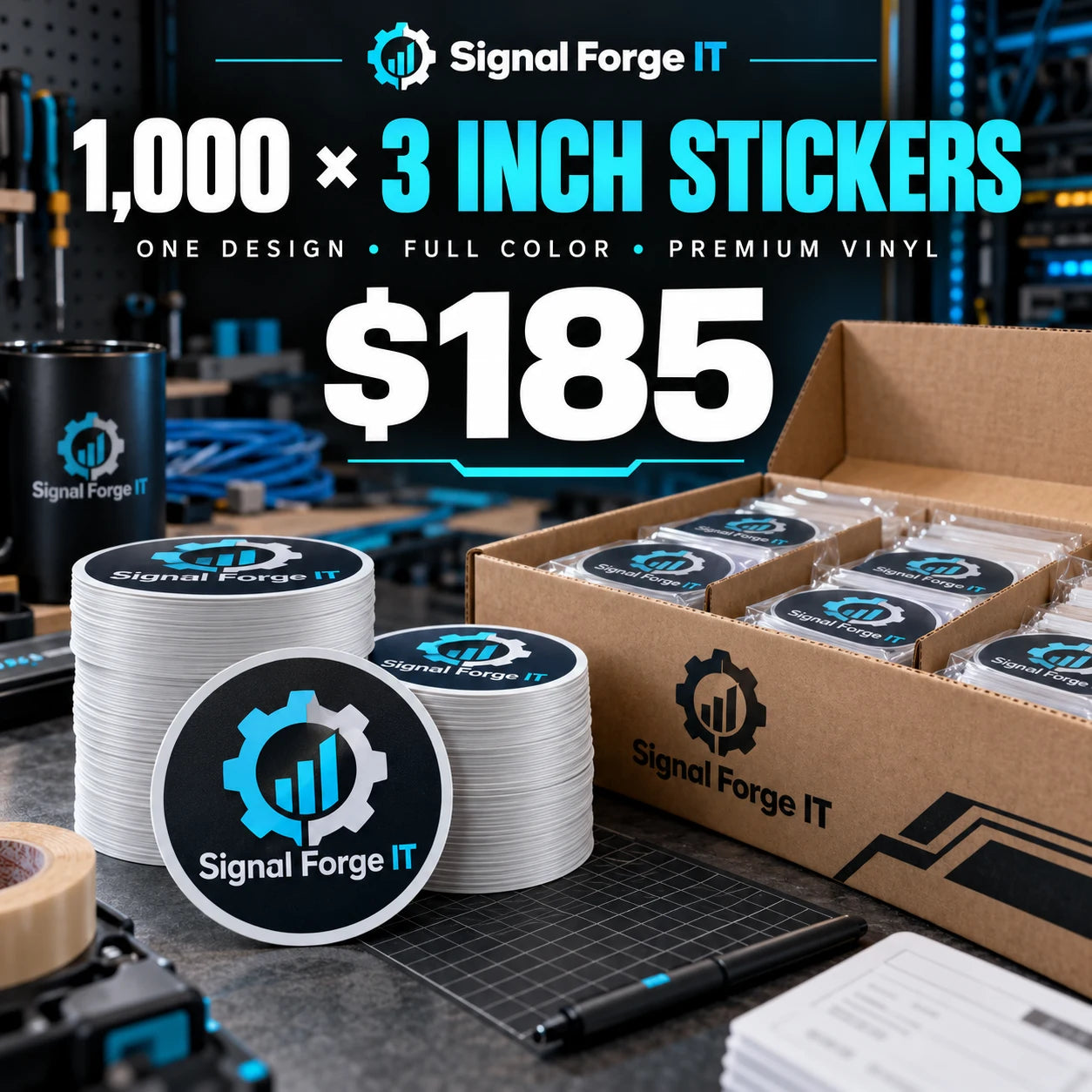 Signal Forge IT fictional packaging and sticker ideas