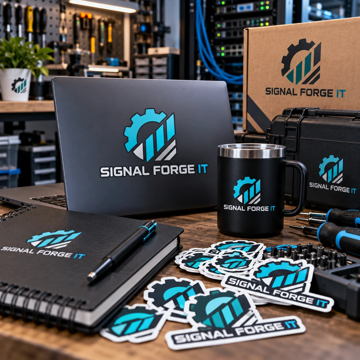 Signal Forge IT fictional example storefront with custom lettering and stickers