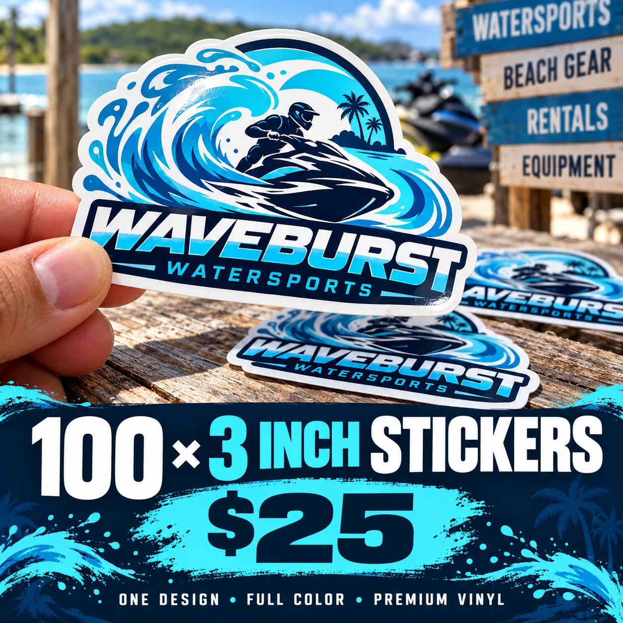 Waveburst Watersports fictional example: 100 custom 3 inch stickers for $25