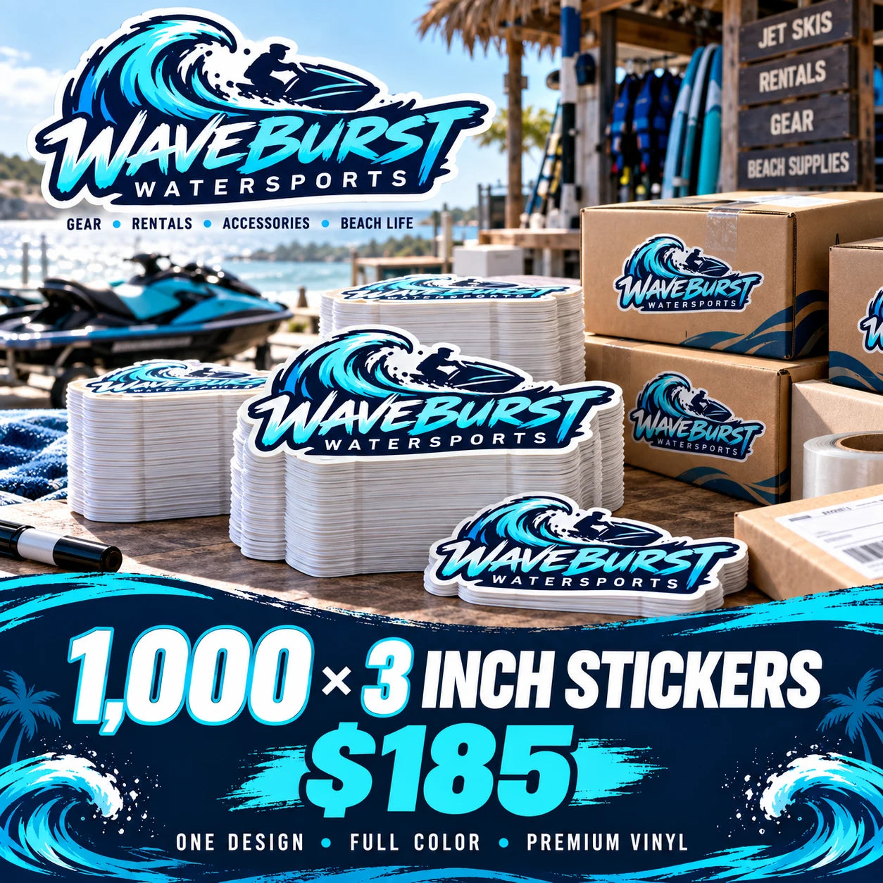 Waveburst Watersports fictional example: 1000 custom 3 inch stickers for $185