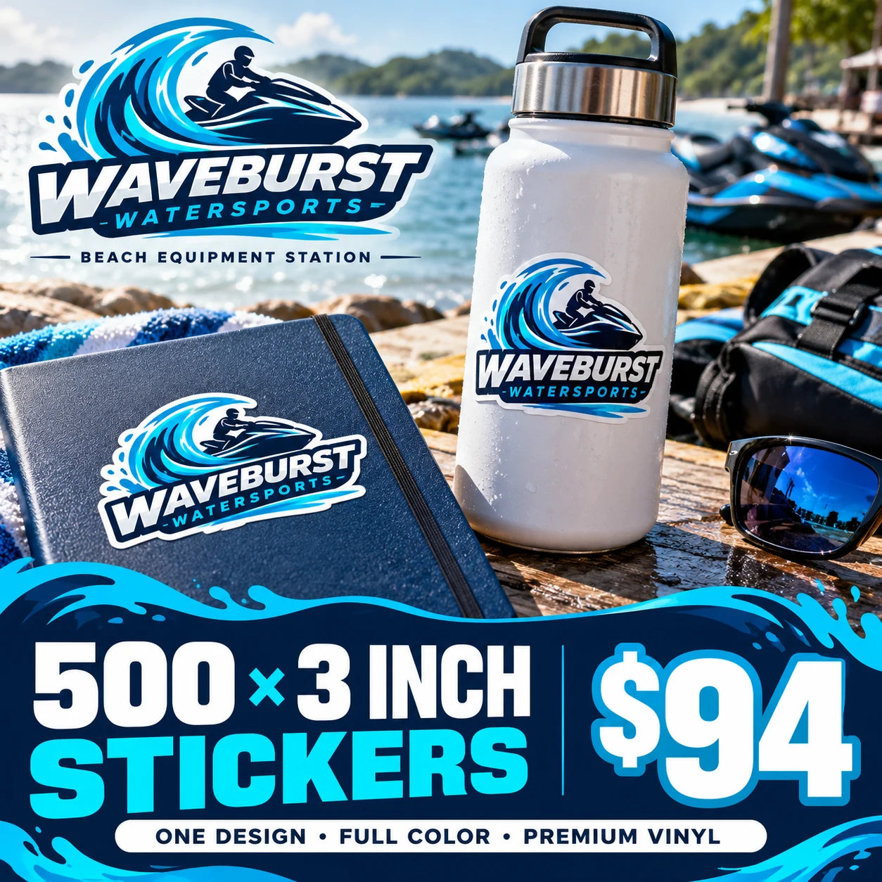 Waveburst Watersports fictional example: 500 custom 3 inch stickers for $94